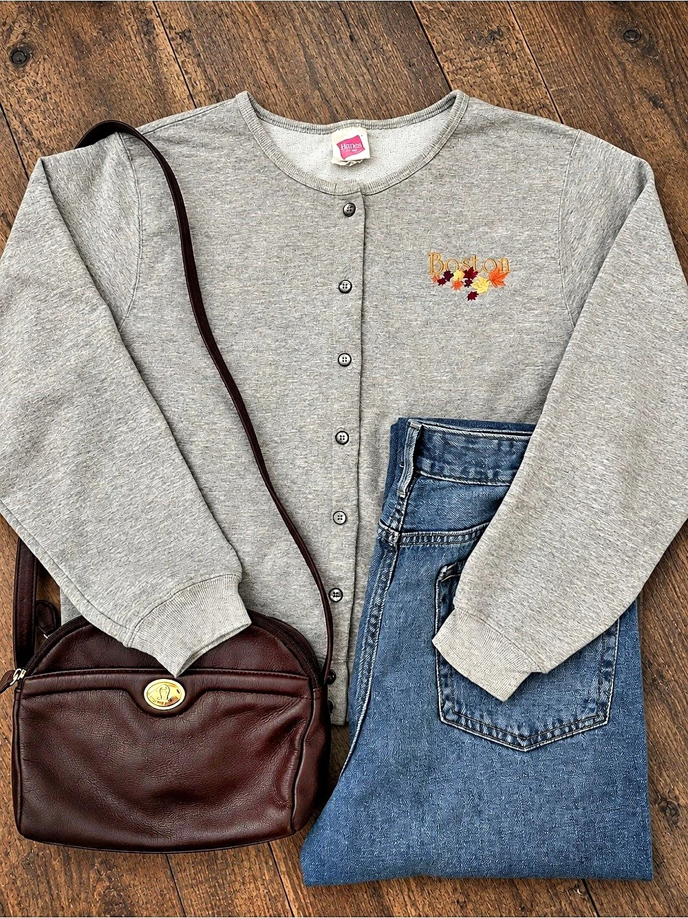 Vintage Hanes Her Way Embroidered Fall Cardigan in Gray Medium